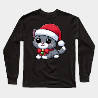 British Shorthair Cat Wearing Santa Hat Merry Christmas Long Sleeve T-Shirt